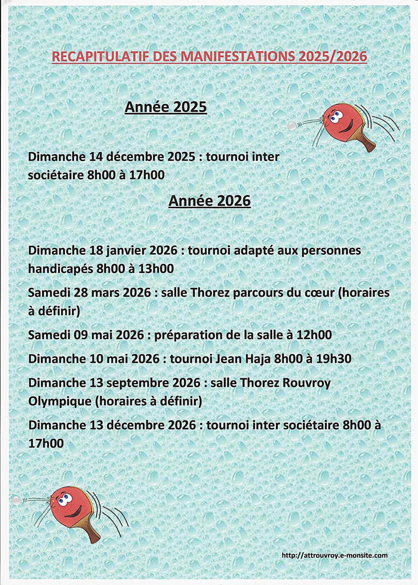 Calendrier des activites 2025 2026